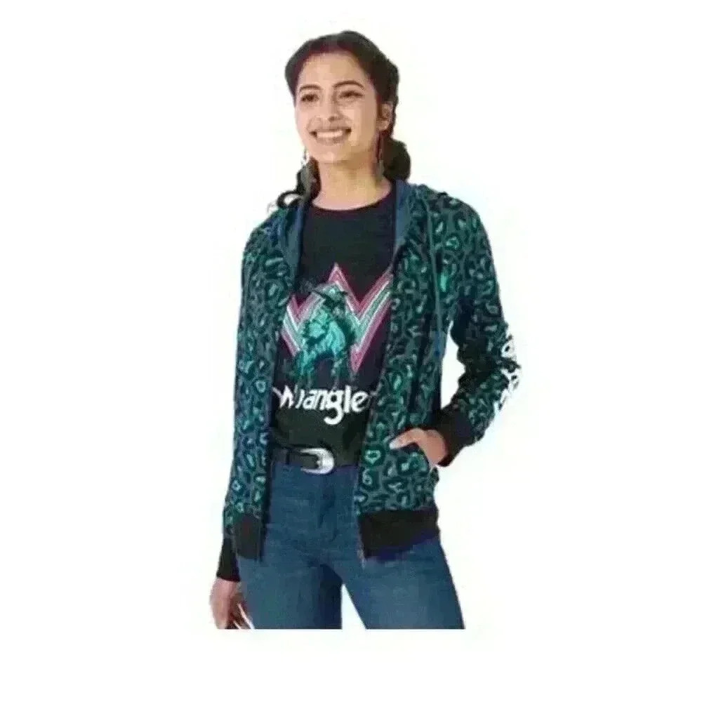 Wrangler Retro Cheetah Hoodie Sweatshirt Womens Medium  Green Full Zip Ladies